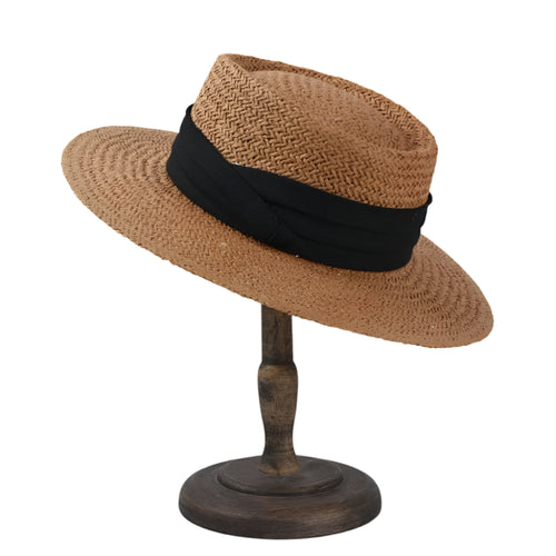 Porkpie Straw Summer Sun Hat for Women Retro Panama Flat Brim Hat-Summer Hats-Arimonz-black-M(56-58cm)//22"-Arimonz