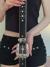 Black Cross Rivet Belt Engraved Buckle Rhinestone Décor Belt