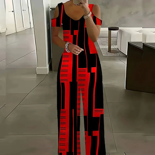 Printed Jumpsuit Summer V Neck Off Shoulder Short Sleeve Romper-Casual Jumpsuits & Rompers-Arimonz-Arimonz