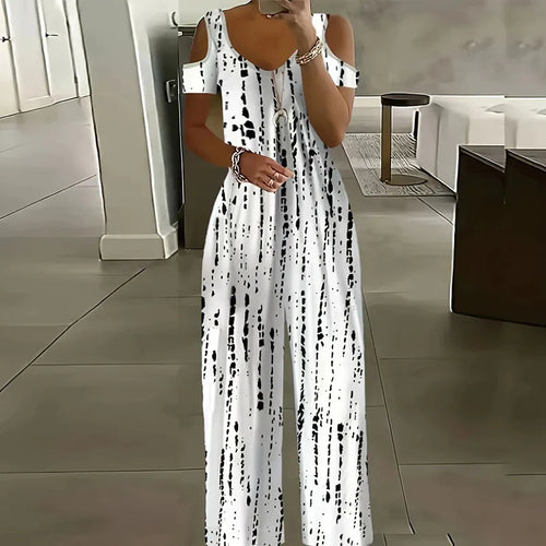 Printed Jumpsuit Summer V Neck Off Shoulder Short Sleeve Romper-Casual Jumpsuits & Rompers-Arimonz-Arimonz