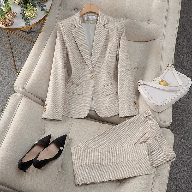 Professional Luxury Temperament Fashion Plaid Blazer and Pants Outfit-Wear To Work Sets-Arimonz-Blazer and Pants Sets Beige-S-Arimonz