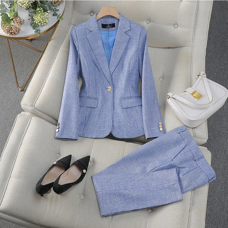 Professional Luxury Temperament Fashion Plaid Blazer and Pants Outfit-Wear To Work Sets-Arimonz-Blazer and Pants Sets Blue-S-Arimonz