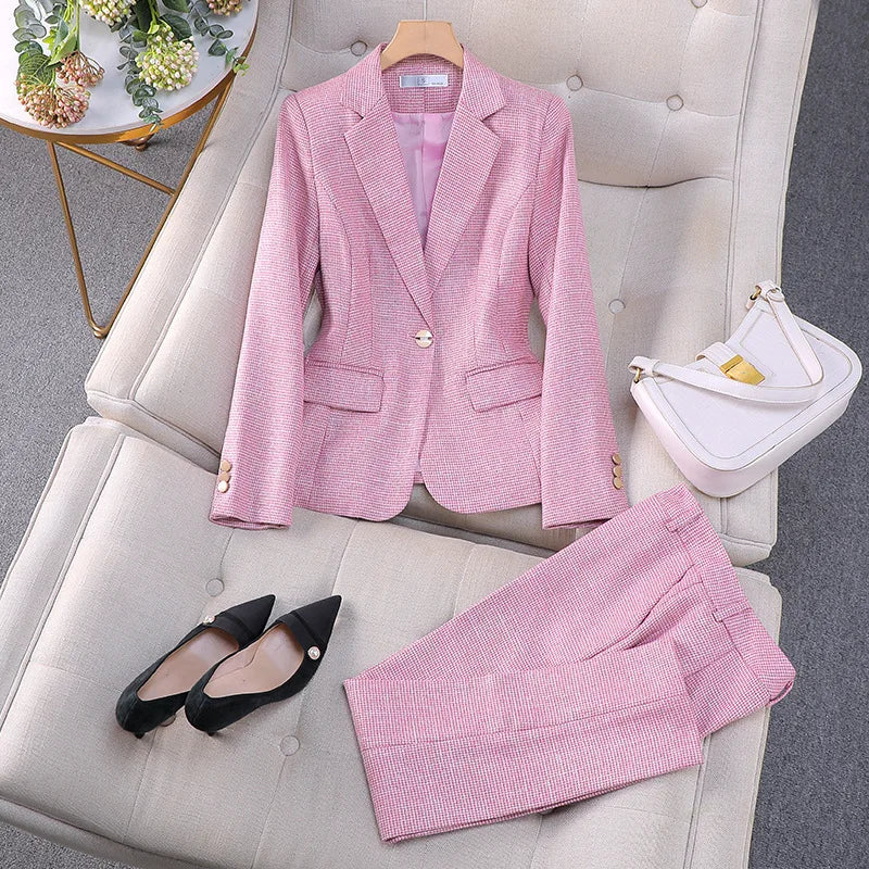 Professional Luxury Temperament Fashion Plaid Blazer and Pants Outfit-Wear To Work Sets-Arimonz-Blazer and Pants Sets Pink-S-Arimonz