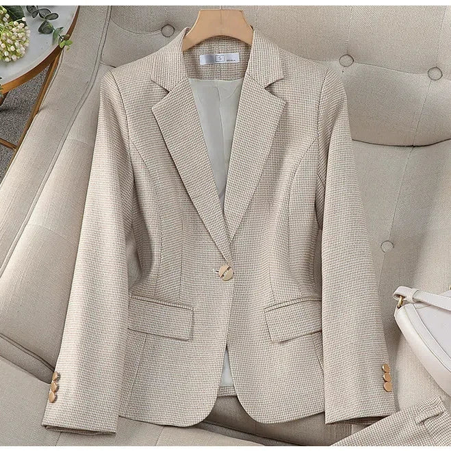 Professional Luxury Temperament Fashion Plaid Blazer and Pants Outfit-Wear To Work Sets-Arimonz-Only Blazer Beige-S-Arimonz