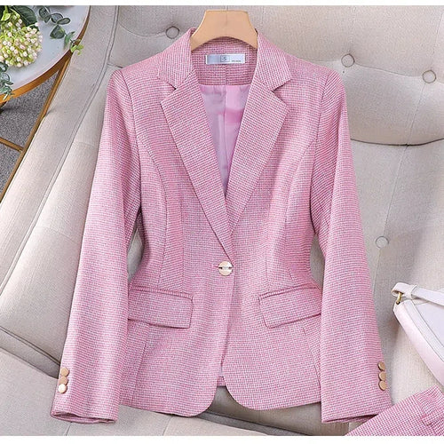 Professional Luxury Temperament Fashion Plaid Blazer and Pants Outfit-Wear To Work Sets-Arimonz-Only Blazer Pink-S-Arimonz