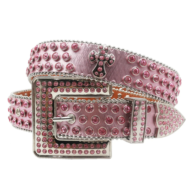 Punk Rhinestone Belts For Women Man Rivet Designer Belt For Jeans-Belts-Arimonz-FK-Cross-Pink-115cm/45inches-Arimonz