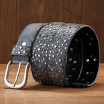 Punk Rock Rivet Belt Wide Leather Belt with Metal Buckle Star Beads-Belts-Arimonz-Arimonz