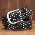 Punk Rock Rivet Belt Wide Leather Belt with Metal Buckle Star Beads-Belts-Arimonz-Black-95cm/37in-Arimonz