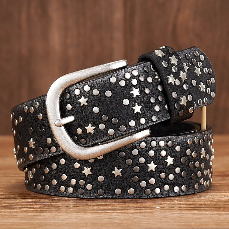 Punk Rock Rivet Belt Wide Leather Belt with Metal Buckle Star Beads-Belts-Arimonz-Black-95cm/37in-Arimonz