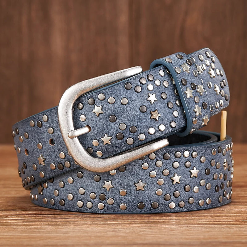 Punk Rock Rivet Belt Wide Leather Belt with Metal Buckle Star Beads-Belts-Arimonz-Blue-95cm/37in-Arimonz