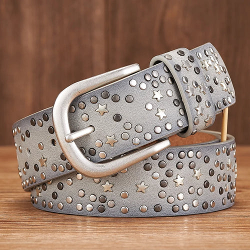 Punk Rock Rivet Belt Wide Leather Belt with Metal Buckle Star Beads-Belts-Arimonz-Gray-95cm/37in-Arimonz
