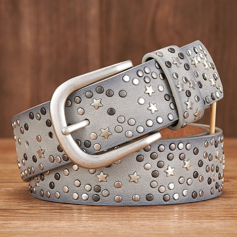 Punk Rock Rivet Belt Wide Leather Belt with Metal Buckle Star Beads-Belts-Arimonz-Gray-95cm/37in-Arimonz