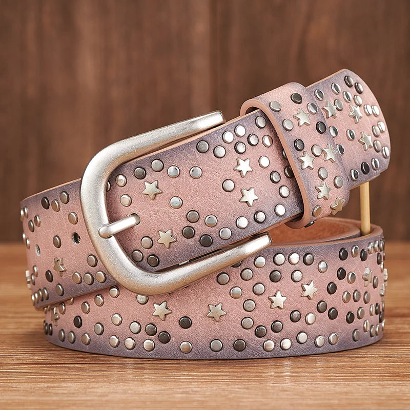 Punk Rock Rivet Belt Wide Leather Belt with Metal Buckle Star Beads-Belts-Arimonz-Pink-95cm/37in-Arimonz