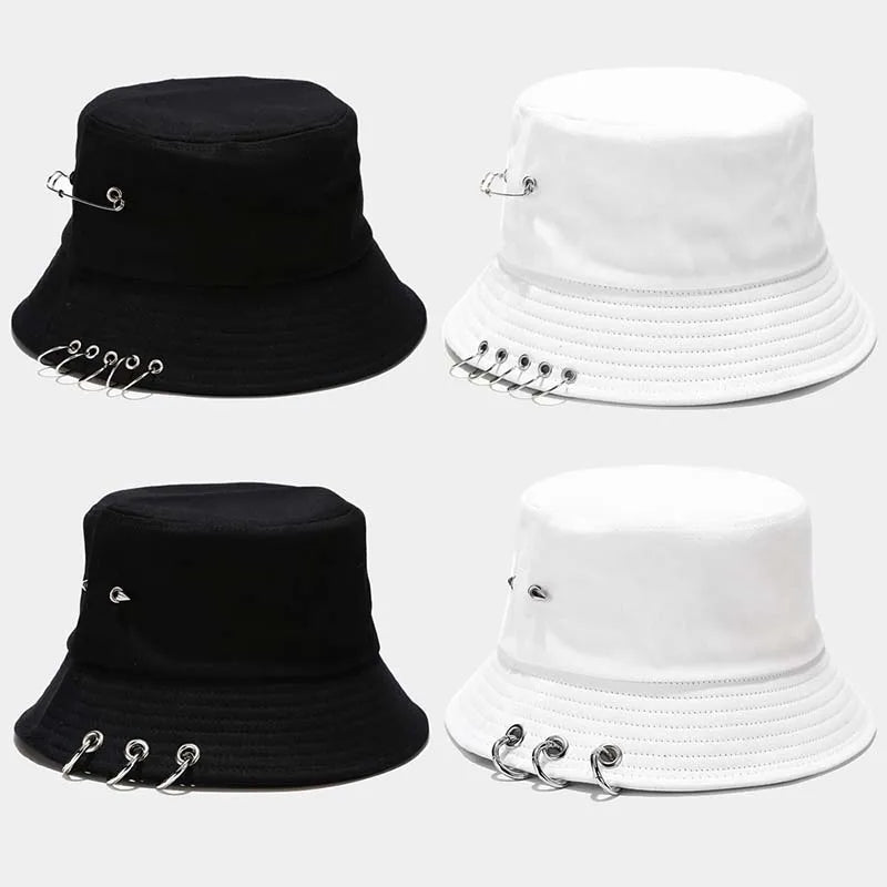 Punk Spiked Rivet Bucket Cap with Metal Rings Panama Streetwear Cap-Bucket Hats-Arimonz-Arimonz