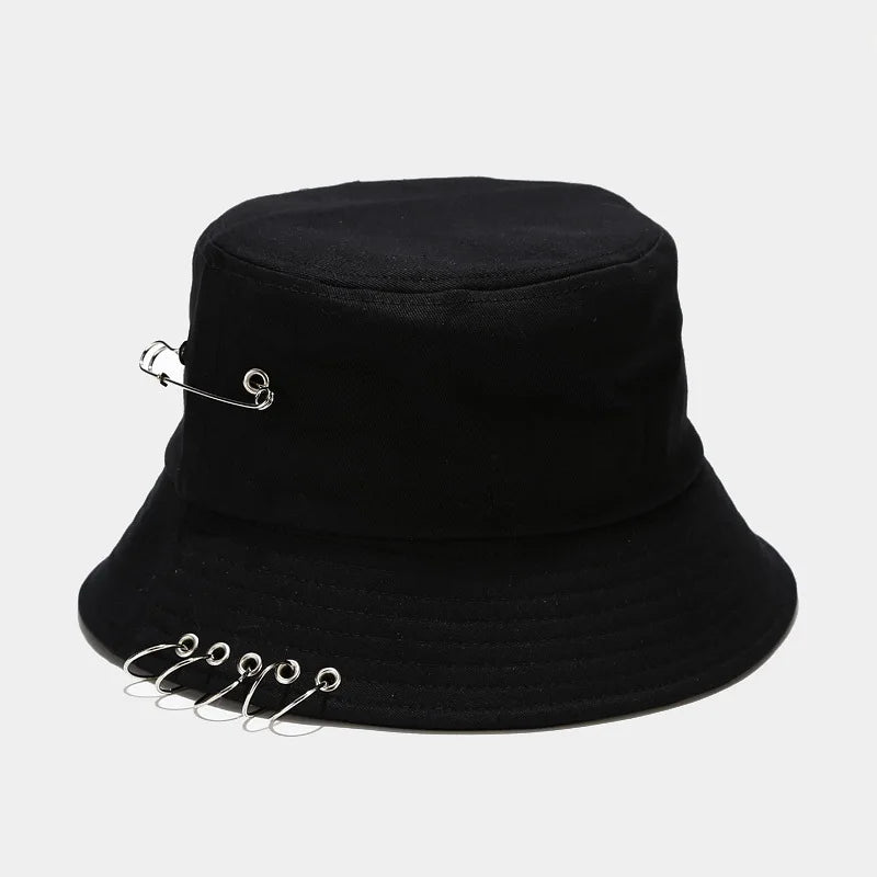 Punk Spiked Rivet Bucket Cap with Metal Rings Panama Streetwear Cap-Bucket Hats-Arimonz-Brooch black-22in-Arimonz