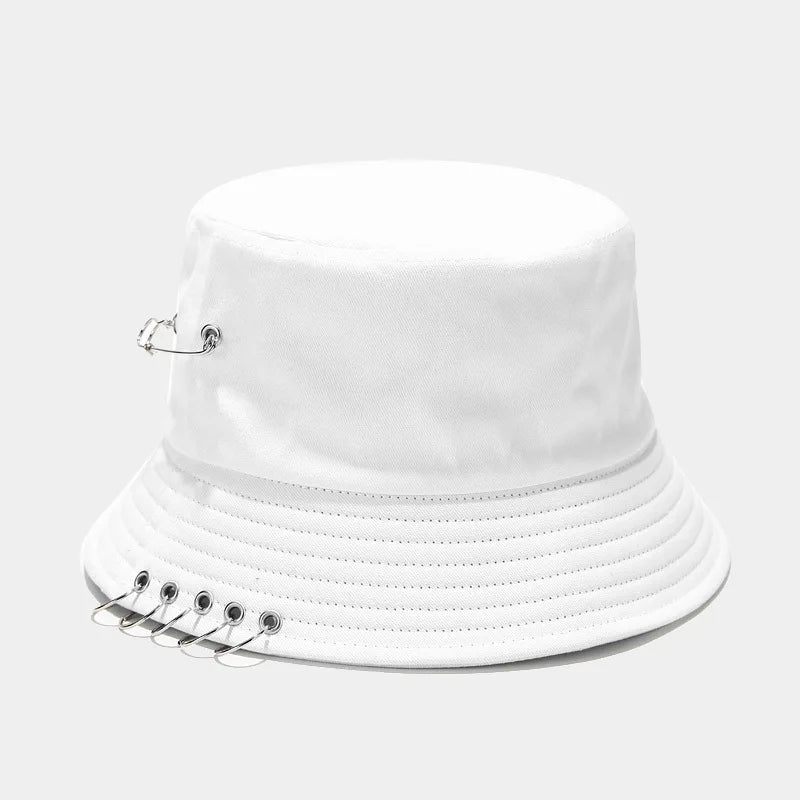 Punk Spiked Rivet Bucket Cap with Metal Rings Panama Streetwear Cap-Bucket Hats-Arimonz-Brooch white-22in-Arimonz