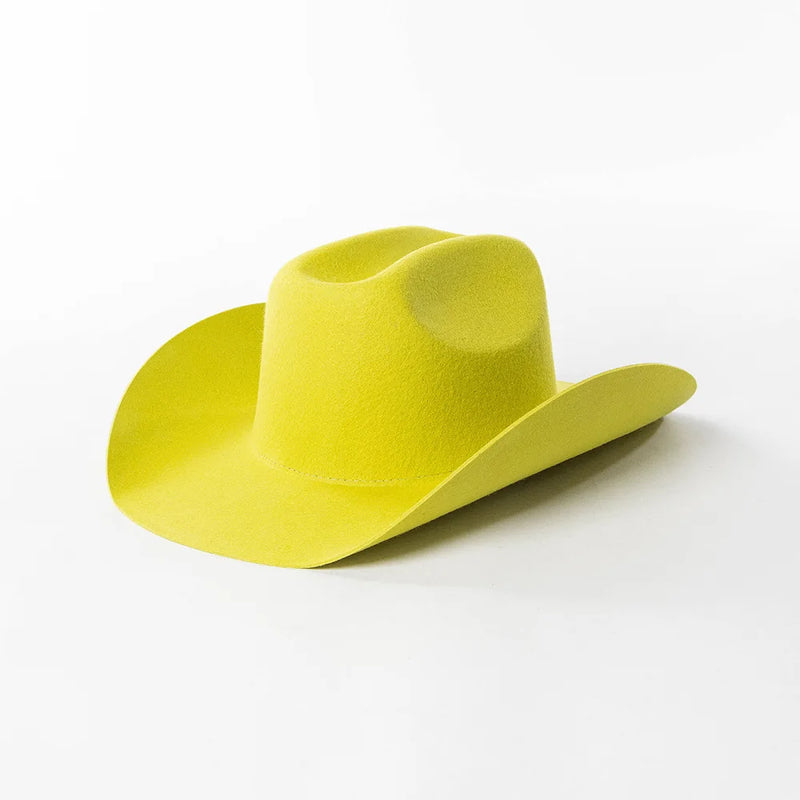 Pure Wool Cowboy Top Hat Felt Cowgirl Fedora for Autumn and Winter-Hats-Arimonz-Lemon yellow-22in-Arimonz