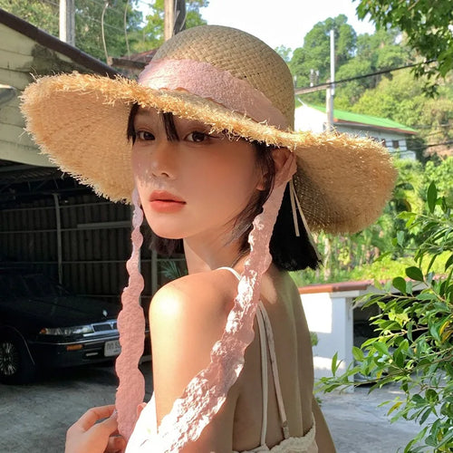 Raffia Dome Straw Hat with Ribbon Summer Travel Beach Big Eaves Hat-Summer Hats-Arimonz-Arimonz