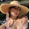 Raffia Dome Straw Hat with Ribbon Summer Travel Beach Big Eaves Hat-Summer Hats-Arimonz-Arimonz