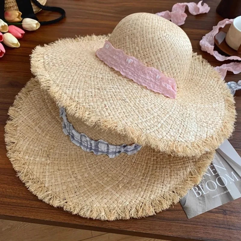 Raffia Dome Straw Hat with Ribbon Summer Travel Beach Big Eaves Hat-Summer Hats-Arimonz-Arimonz