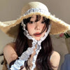 Raffia Dome Straw Hat with Ribbon Summer Travel Beach Big Eaves Hat-Summer Hats-Arimonz-blue-56-58cm/22"-Arimonz