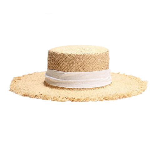 Raffia Straw Sun Summer Hat Wide Brim Boater Casual Lace Up Flat Hat-Summer Hats-Arimonz-Arimonz