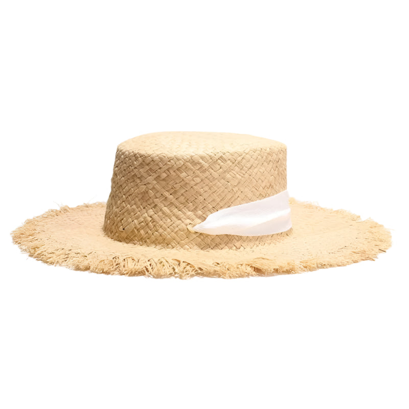 Raffia Straw Sun Summer Hat Wide Brim Boater Casual Lace Up Flat Hat-Summer Hats-Arimonz-Arimonz