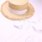 Raffia Straw Sun Summer Hat Wide Brim Boater Casual Lace Up Flat Hat-Summer Hats-Arimonz-Arimonz