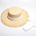 Raffia Straw Sun Summer Hat Wide Brim Boater Casual Lace Up Flat Hat-Summer Hats-Arimonz-Arimonz