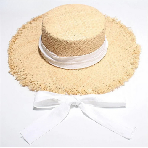 Raffia Straw Sun Summer Hat Wide Brim Boater Casual Lace Up Flat Hat-Summer Hats-Arimonz-7cm/3" Hat brim-Arimonz