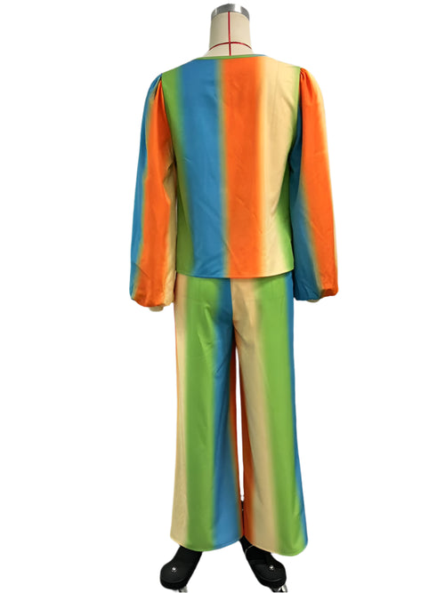 Rainbow Gradient Lantern Sleeve Top and Wide Leg Pants Two Piece Set-Wear To Work Sets-Arimonz-Arimonz