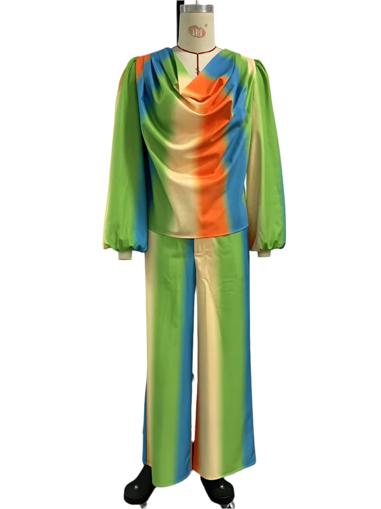 Rainbow Gradient Lantern Sleeve Top and Wide Leg Pants Two Piece Set-Wear To Work Sets-Arimonz-Arimonz