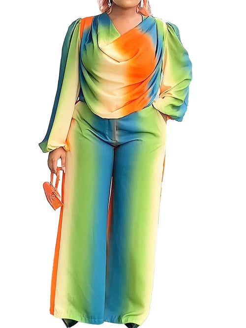 Rainbow Gradient Lantern Sleeve Top and Wide Leg Pants Two Piece Set-Wear To Work Sets-Arimonz-green sets-S-Arimonz