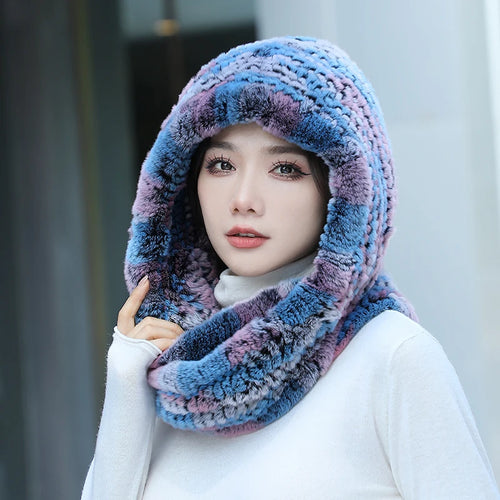 Real Knitted Rex Rabbit Fur Hat Hooded Scarf Neck Collar Hat with Scarf-Winter Hats-Arimonz-Arimonz