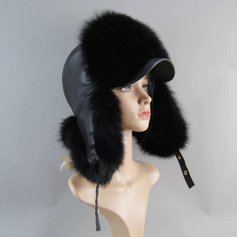 Real Leather Fox Fur Women Hat Snow Skiing Earflap Winter Outdoor Cap-Winter Hats-Arimonz-Arimonz