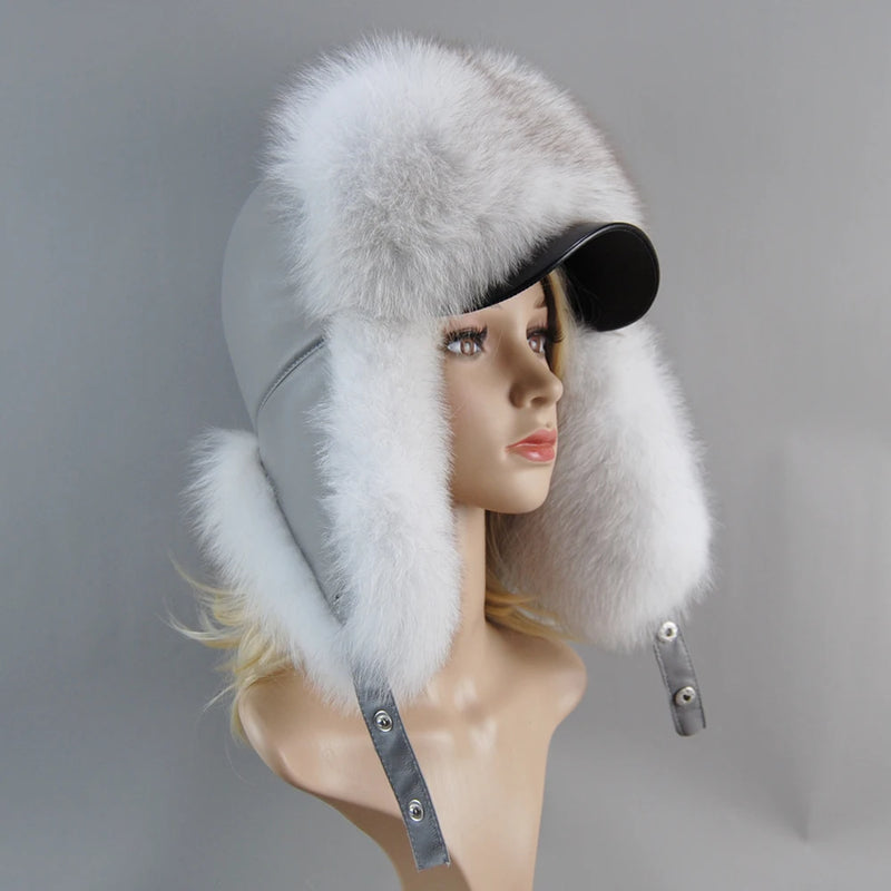 Real Leather Fox Fur Women Hat Snow Skiing Earflap Winter Outdoor Cap-Winter Hats-Arimonz-natural fox white-Adjustable-Arimonz