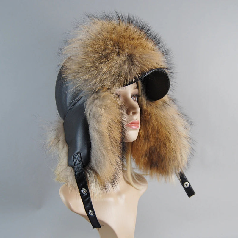 Real Leather Fox Fur Women Hat Snow Skiing Earflap Winter Outdoor Cap-Winter Hats-Arimonz-raccoon fur-Adjustable-Arimonz