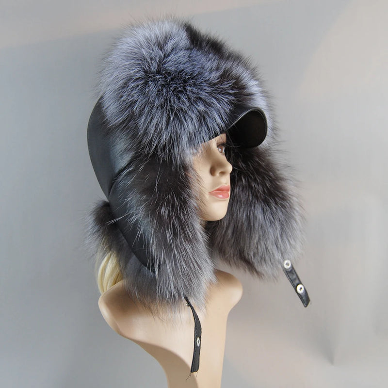 Real Leather Fox Fur Women Hat Snow Skiing Earflap Winter Outdoor Cap-Winter Hats-Arimonz-silver fox-Adjustable-Arimonz