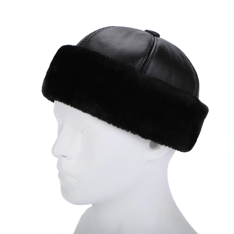 Real Leather Retro Warm Winter Cap with Thick Velvet Lining Bomber Hat-Winter Hats-Arimonz-Arimonz