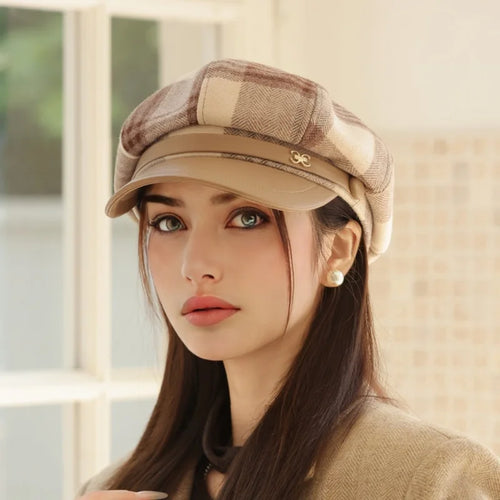 Retro Beret Plaid Winter Polyester Hat British Style Octagonal Cap-Winter Hats-Arimonz-Arimonz