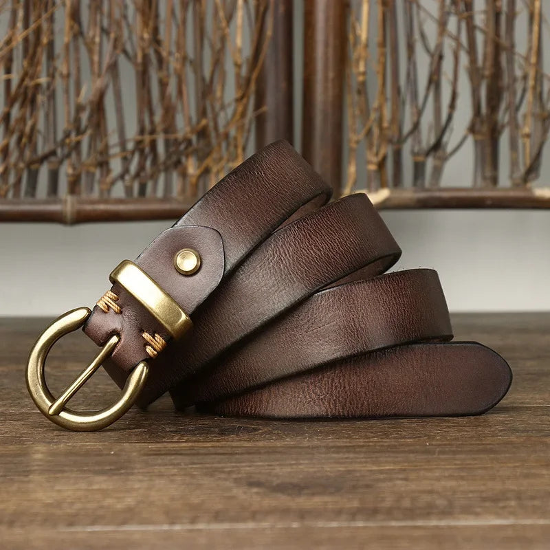 Retro Genuine Cowskin Belt Women’s Cowhide Belt with Copper Pin Buckle-Belts-Arimonz-Coffee-90cm/35in-Arimonz