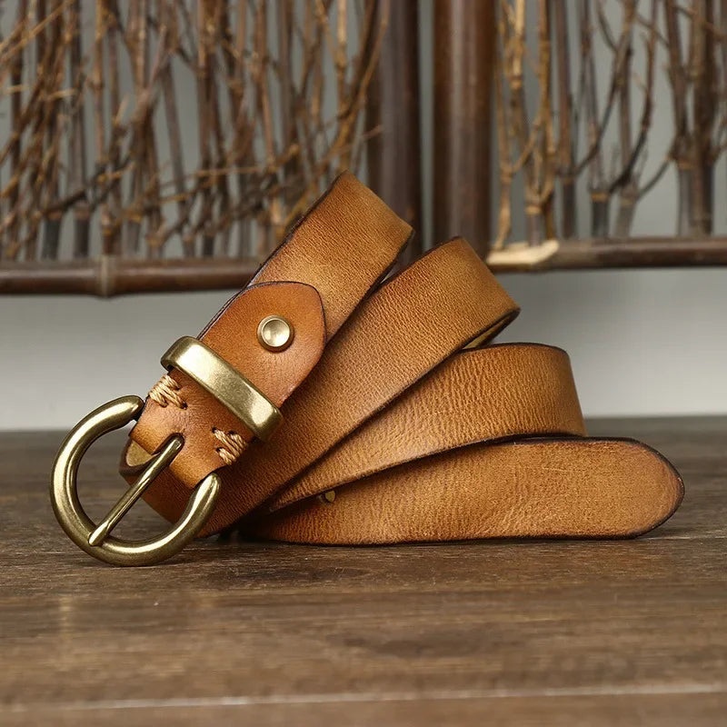 Retro Genuine Cowskin Belt Women’s Cowhide Belt with Copper Pin Buckle-Belts-Arimonz-Khaki-90cm/35in-Arimonz