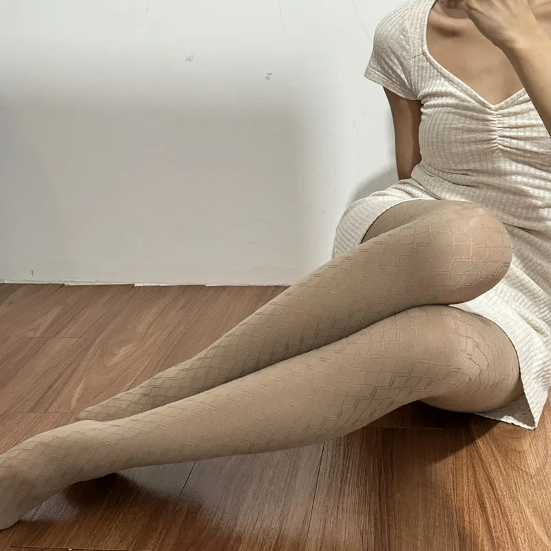 Retro Vertical Stripe Tights Wave Plaid Pantyhose Bottoming Stockings-Socks & Tights-Arimonz-Khaki-Arimonz
