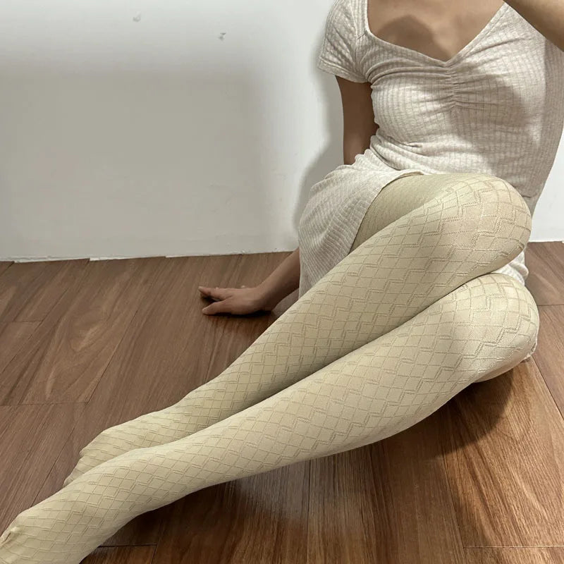 Retro Vertical Stripe Tights Wave Plaid Pantyhose Bottoming Stockings-Socks & Tights-Arimonz-Light Yellow-Arimonz