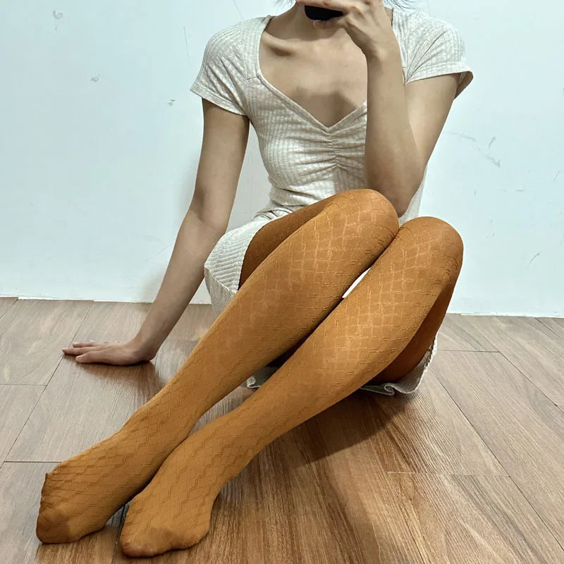 Retro Vertical Stripe Tights Wave Plaid Pantyhose Bottoming Stockings-Socks & Tights-Arimonz-Orange-Arimonz