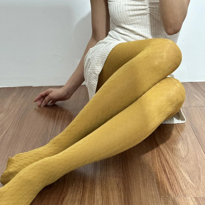 Retro Vertical Stripe Tights Wave Plaid Pantyhose Bottoming Stockings-Socks & Tights-Arimonz-Yellow-Arimonz