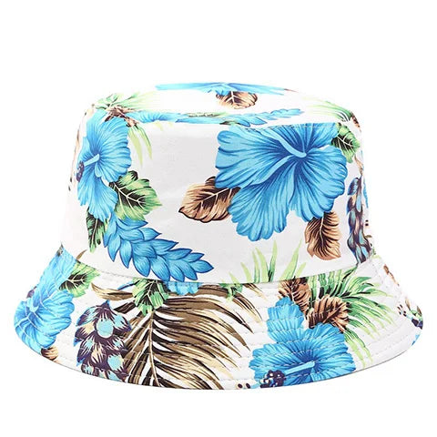 Reversible Flower Print Bucket Hat Travel Outdoor Panama Bucket Cap-Bucket Hats-Arimonz-white blue-Arimonz