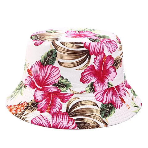 Reversible Flower Print Bucket Hat Travel Outdoor Panama Bucket Cap-Bucket Hats-Arimonz-white red-Arimonz