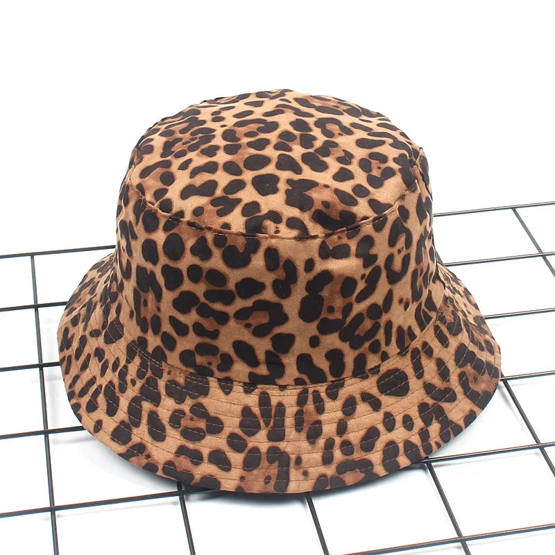 Reversible Leopard Print Bucket Hat Cotton Panama Outdoor Sun Cap-Bucket Hats-Arimonz-D leopard brown-Arimonz