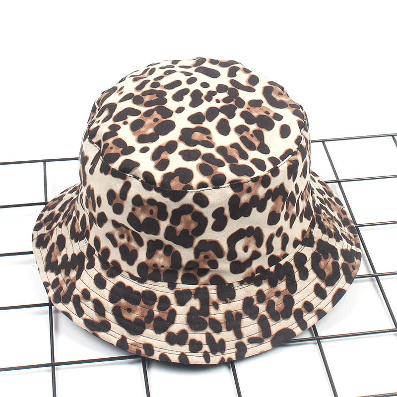 Reversible Leopard Print Bucket Hat Cotton Panama Outdoor Sun Cap-Bucket Hats-Arimonz-D leopard Khaki-Arimonz